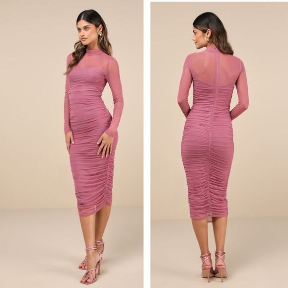 Lulus Impressive Flirt Dusty Rose Mesh Ruched Mock Neck Midi Dress Size Large - Picture 1 of 8